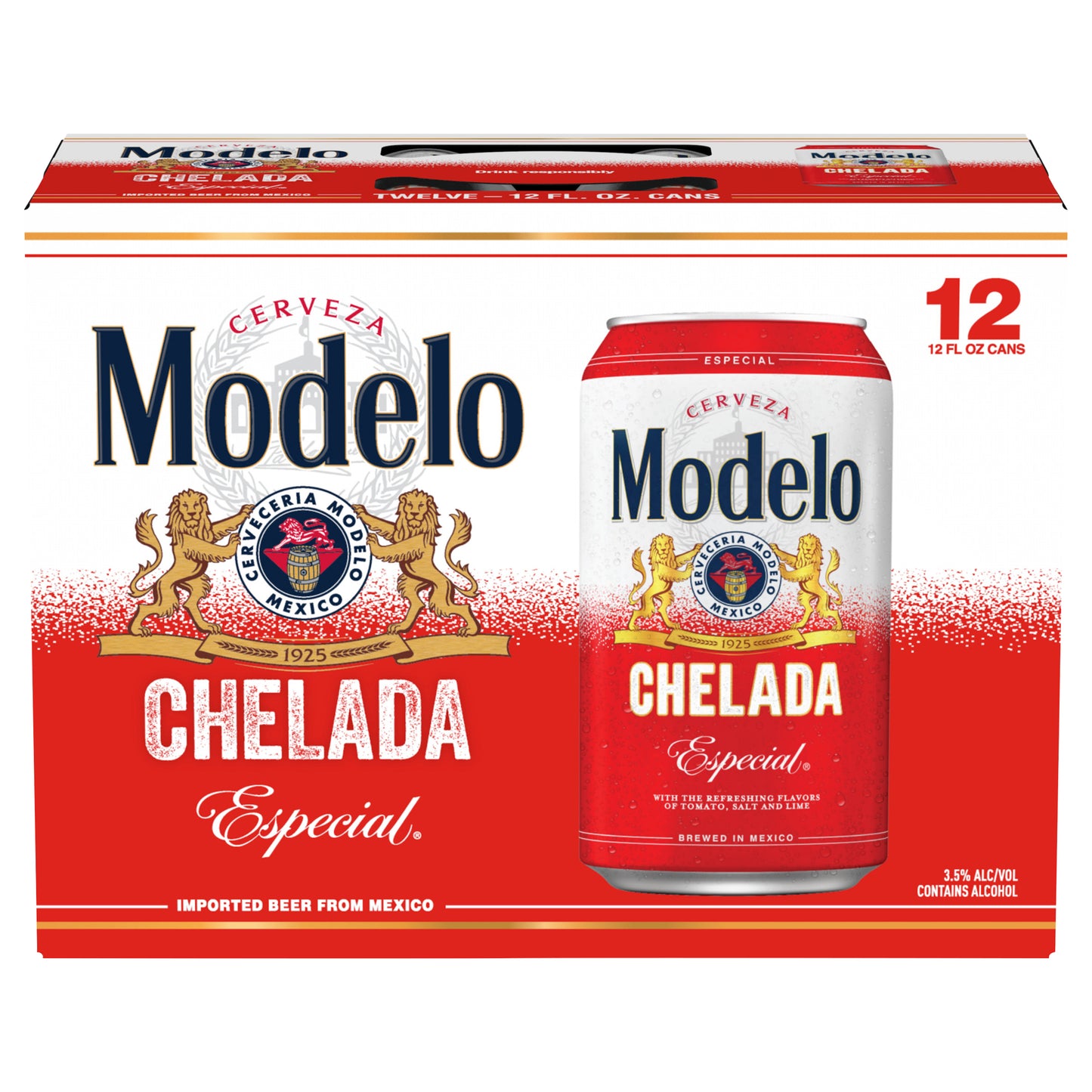 Cerveza Modelo Chelada Especial de importación mexicana, paquete de 12 latas de 355 ml (12 oz líq.), 3.5% de alcohol por volumen.