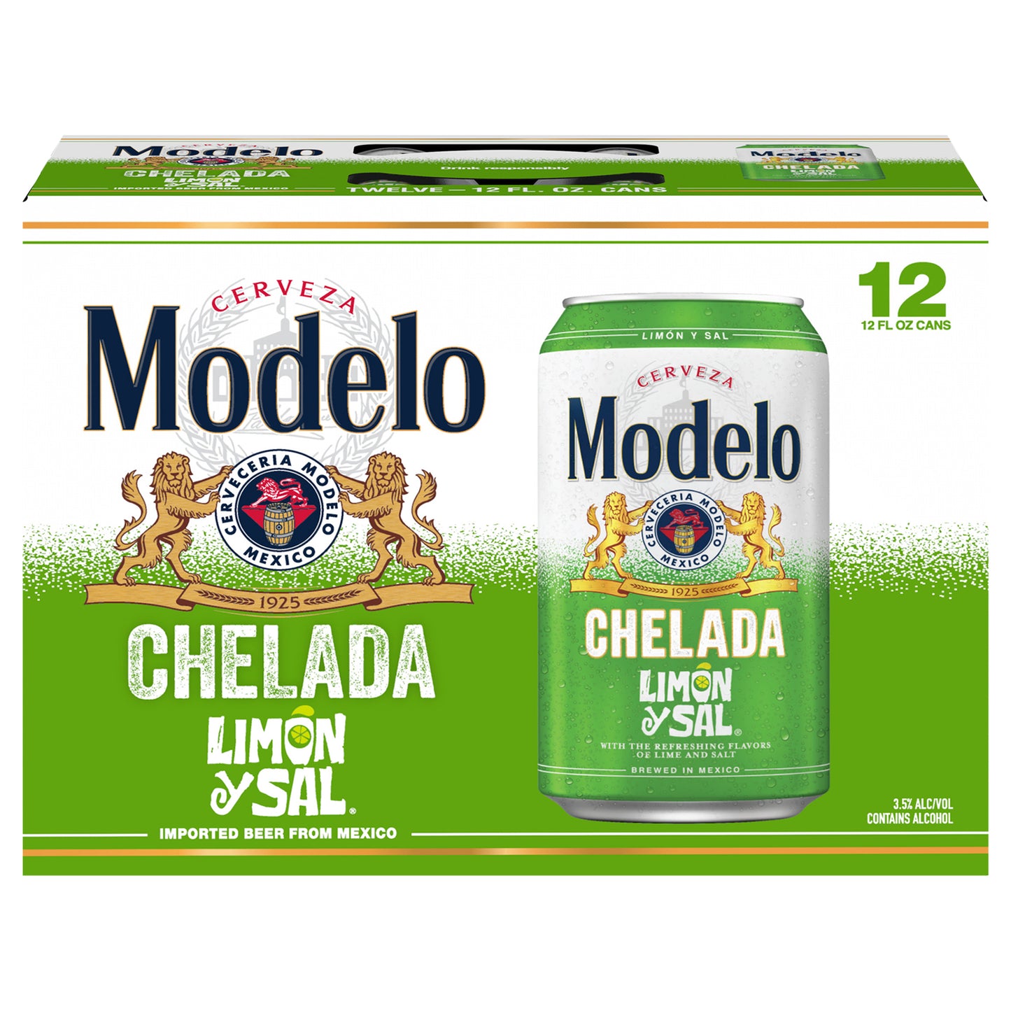 Cerveza Modelo Chelada Limón y Sal, importada de México, saborizantes, paquete de 12 latas de 355 ml (12 oz líq.), 3.5% de alcohol por volumen.