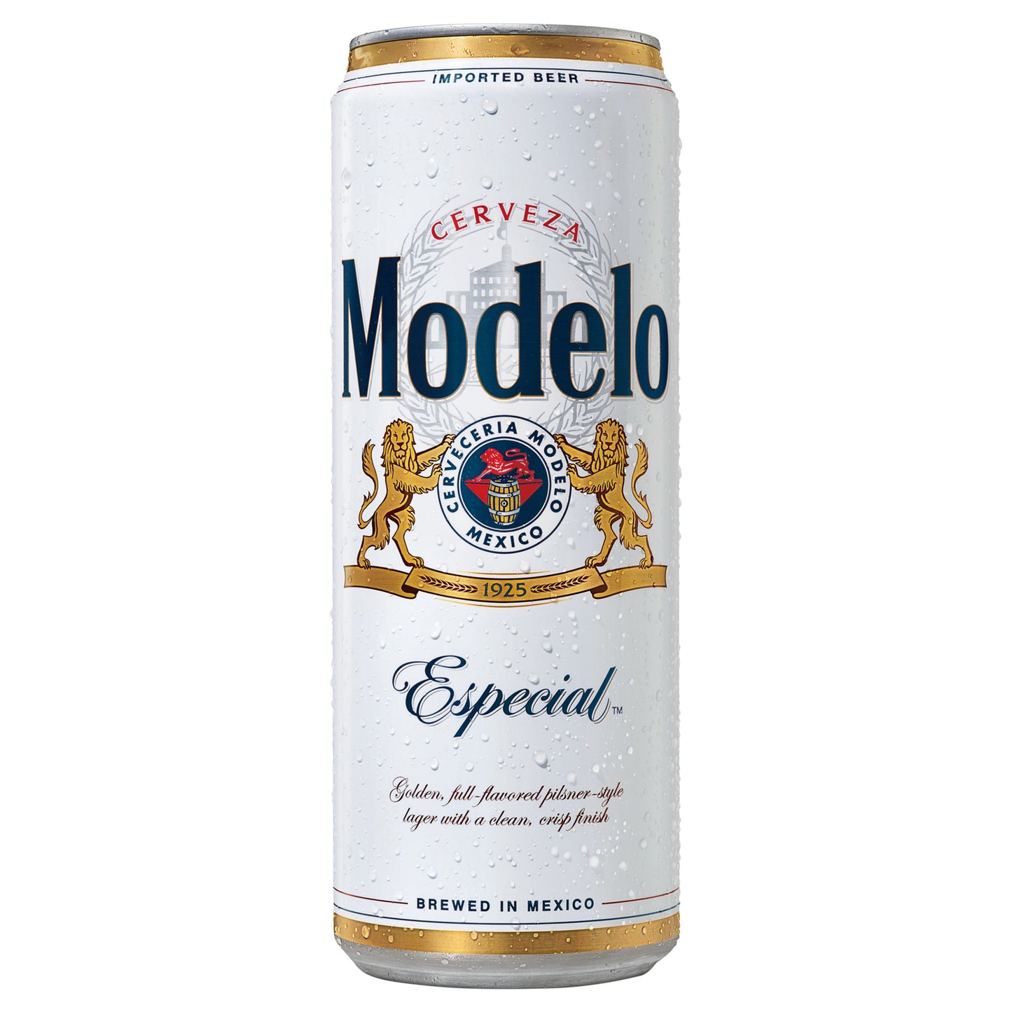 Cerveza lager mexicana Modelo Especial, lata de 710 ml (24 onzas líquidas), 4,4 % de alcohol por volumen.