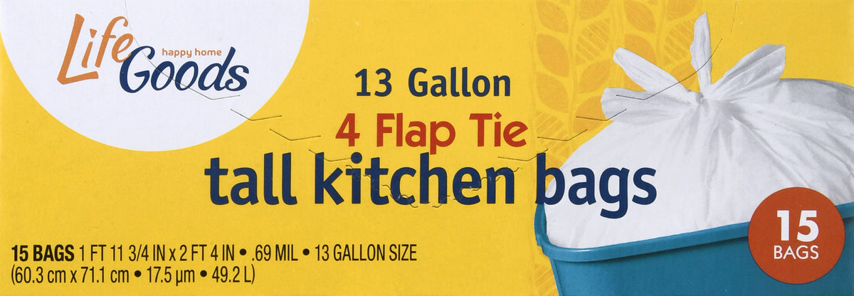 Life Goods 13 Gallon 4 Flap Tie Tall Kitchen Bags 15 ea