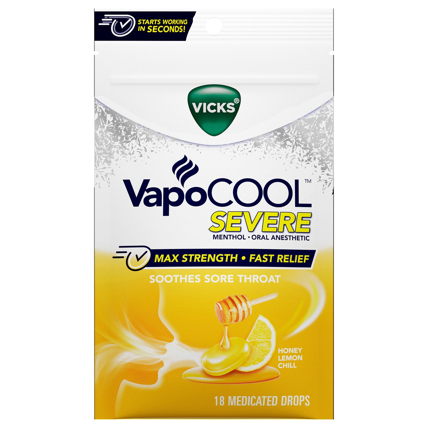 Vicks VapoCOOL SEVERE Max Strength* Menthol Cough Drop Alternative/Sore Throat Lozenge for Sore Throat Relief, Honey Lemon, 18ct