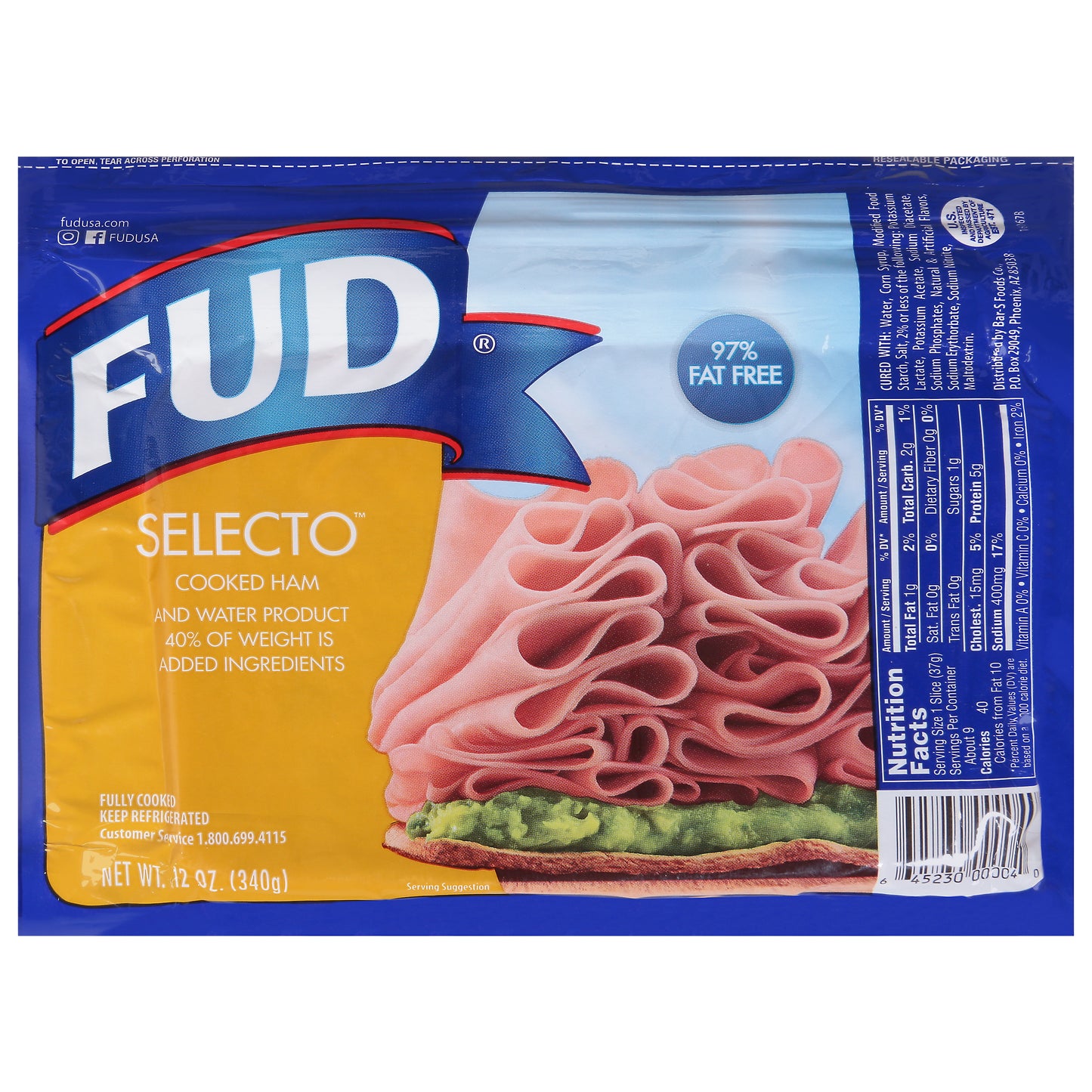 Jamón cocido FUD Selecto 97% libre de grasa, 340 g
