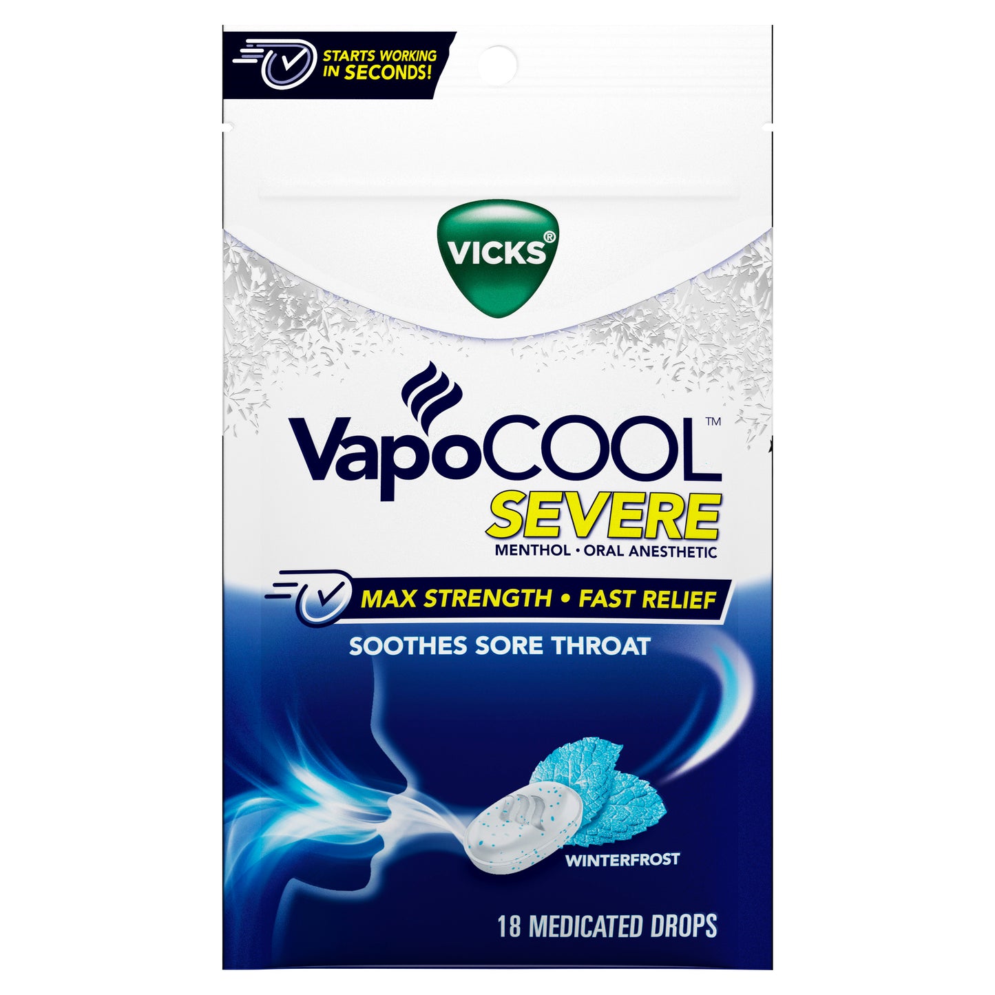 Vicks VapoCOOL SEVERE Medicated Sore Throat Drops, Fast-Acting Max Strength Relief, Soothes Sore Throat Pain Caused by Cough, Powerful Vicks Vapors, Menthol, Winterfrost Flavor, 18ct
