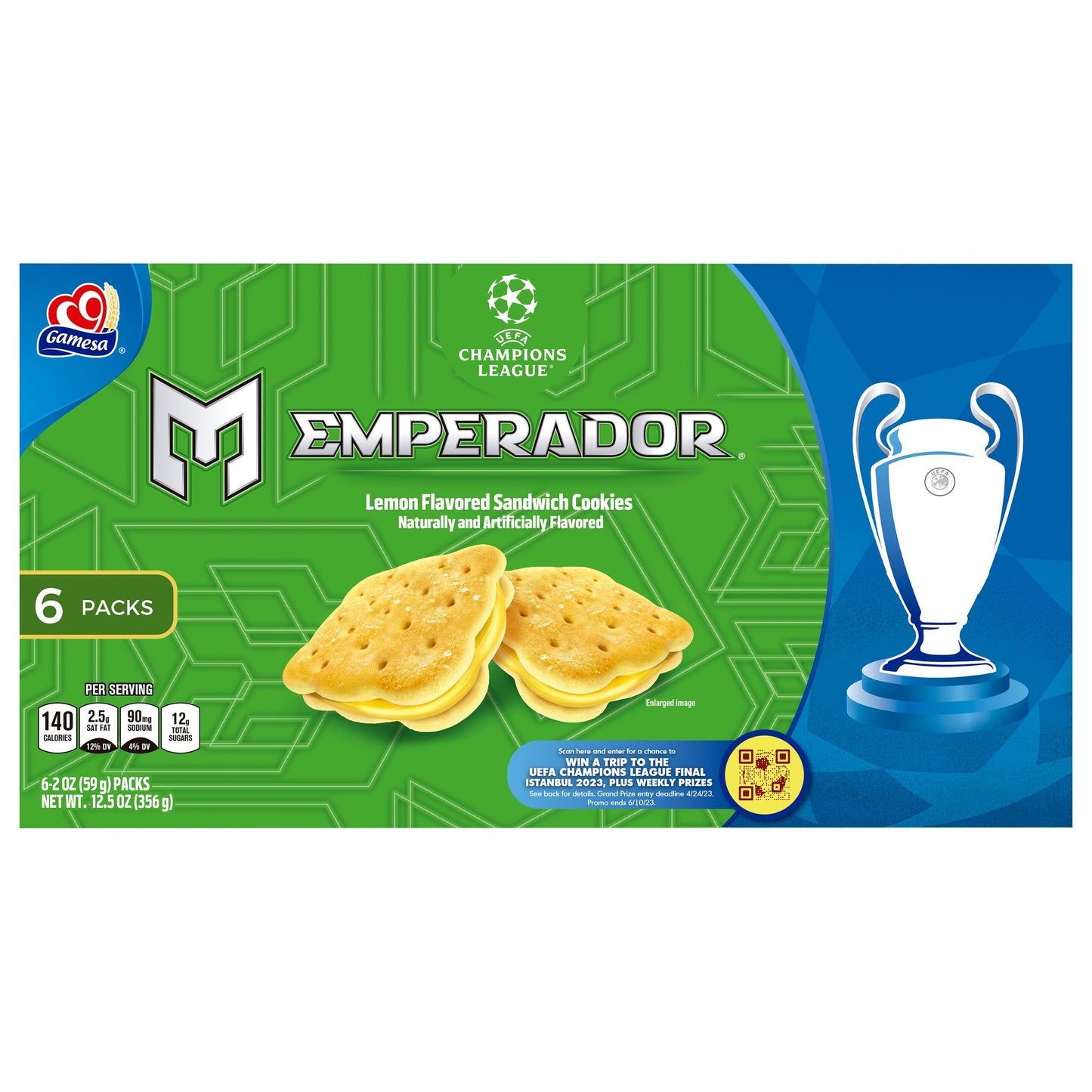 Galletas tipo sándwich Gamesa Emperador sabor lima (sabor artificial) 2 oz (6 unidades)