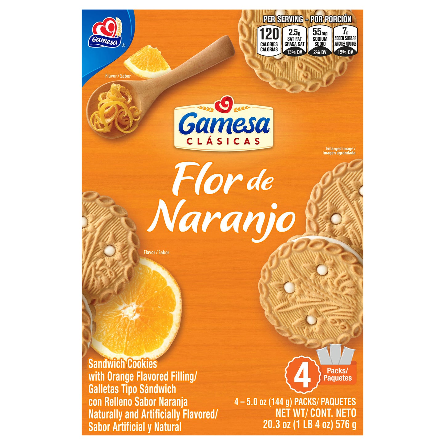 Galletas tipo sándwich Gamesa Flor de Naranjo sabor naranja, 142 g (5 oz), paquete de 4