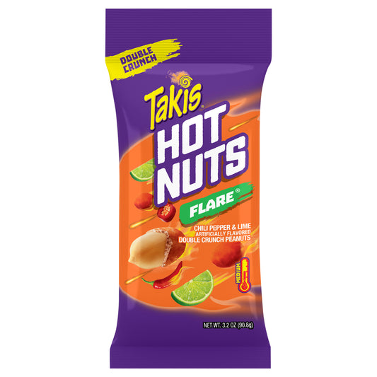 Takis Flare Hot Nuts, bolsa de 90 g (3.2 oz), cacahuetes crujientes dobles con sabor a chile y lima, picante medio.
