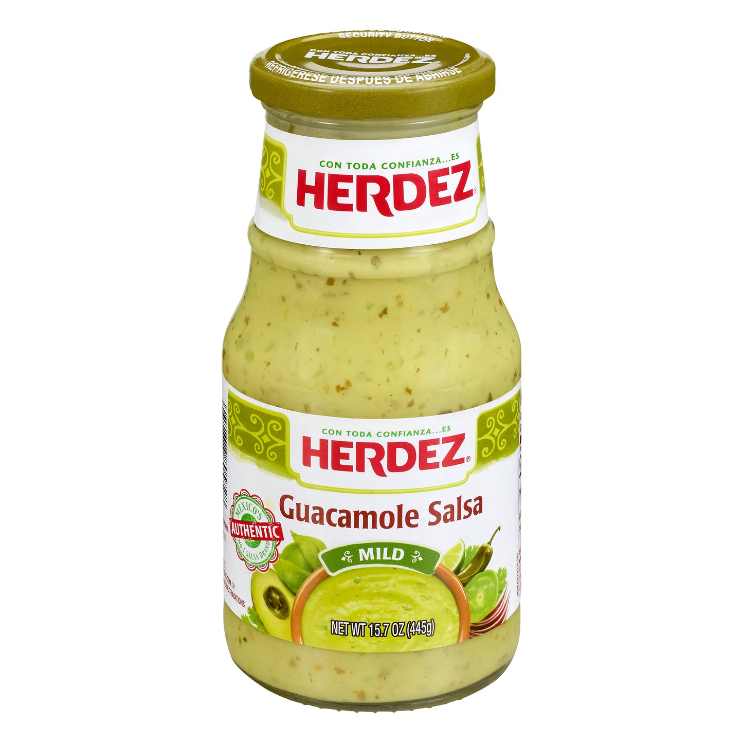 Salsa de guacamole suave Herdez®, frasco de 445 g (15.7 oz).