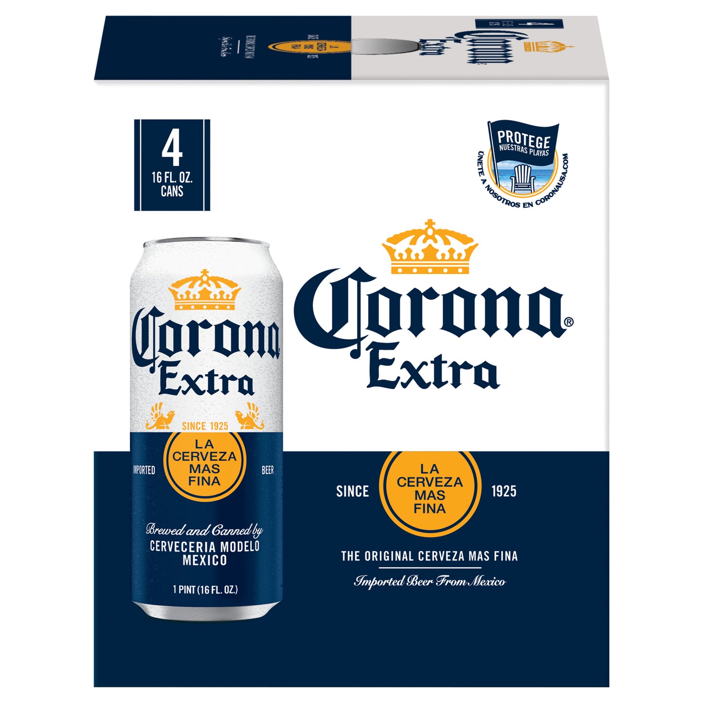 Cerveza Corona Extra Mexicana Lager, paquete de 4 latas de 473 ml (16 oz fl), 4.6% de alcohol por volumen.