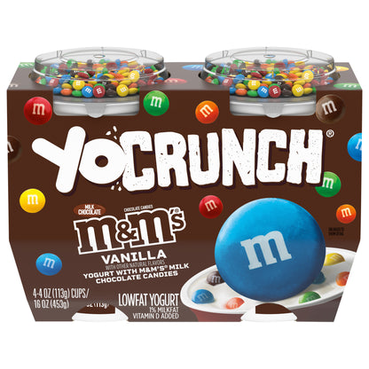Yogur YoCrunch bajo en grasa sabor vainilla con M&amp;M's, 4 vasos de 113 g (4 oz), paquete de 4 unidades