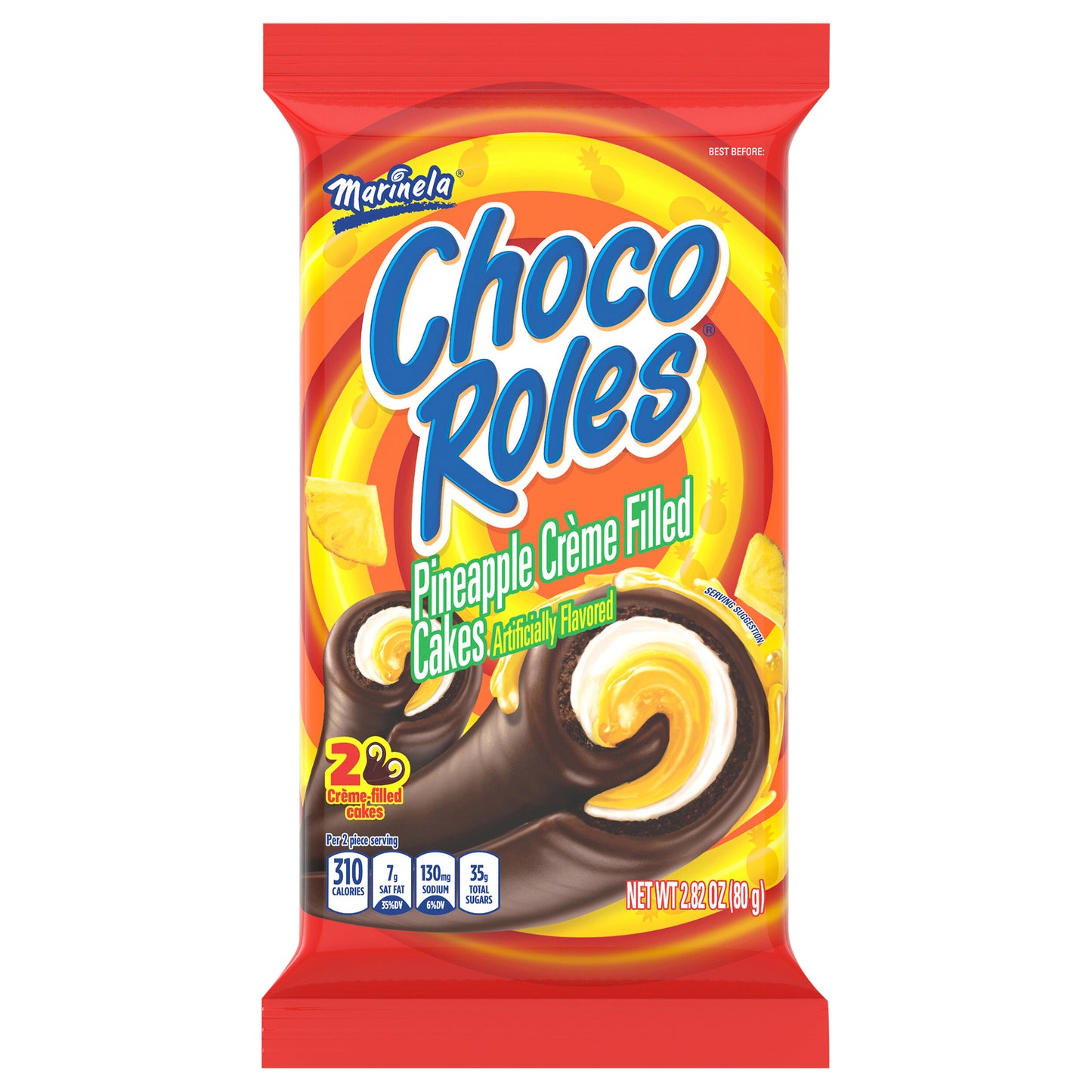 Marinela Choco Roles, pastelitos rellenos de piña y crema con cobertura de chocolate, paquete doble