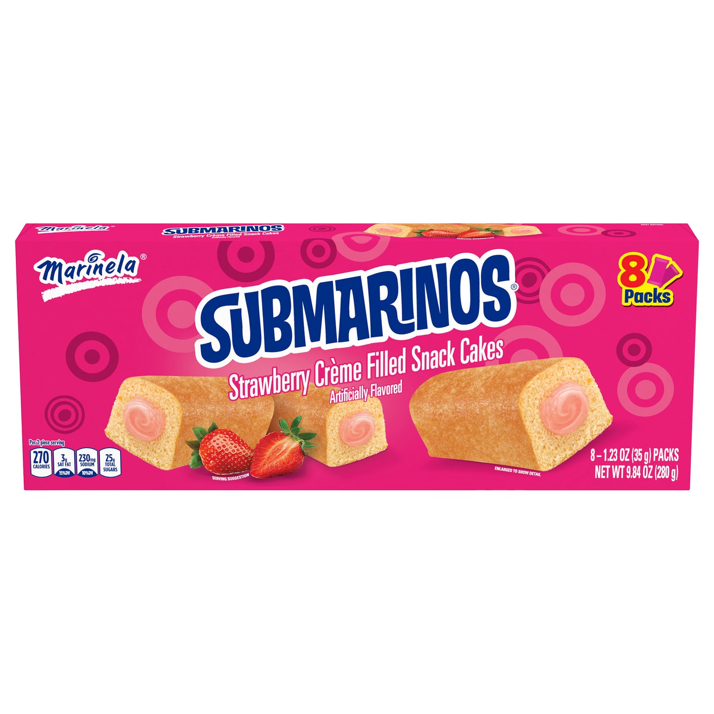 Marinela Submarines, pastelitos rellenos de crema de fresa, paquete de 8, 280 g